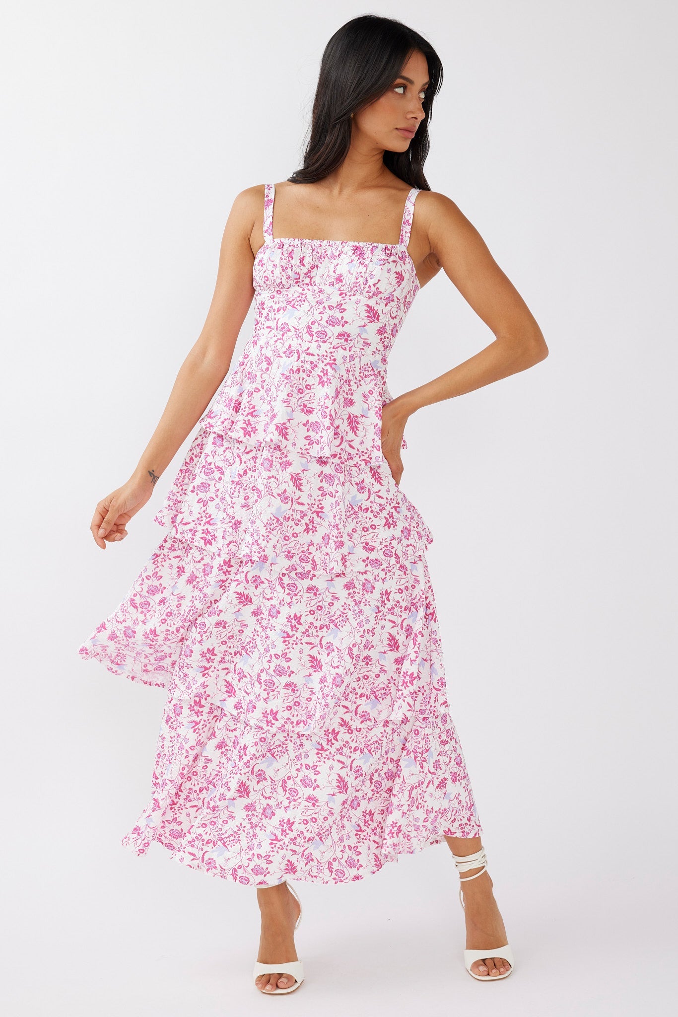 Provence Bloom Tiered Midi Dress Floral Pink