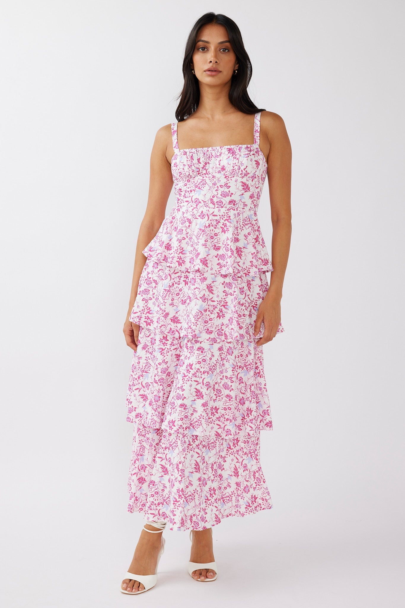 Provence Bloom Tiered Midi Dress Floral Pink