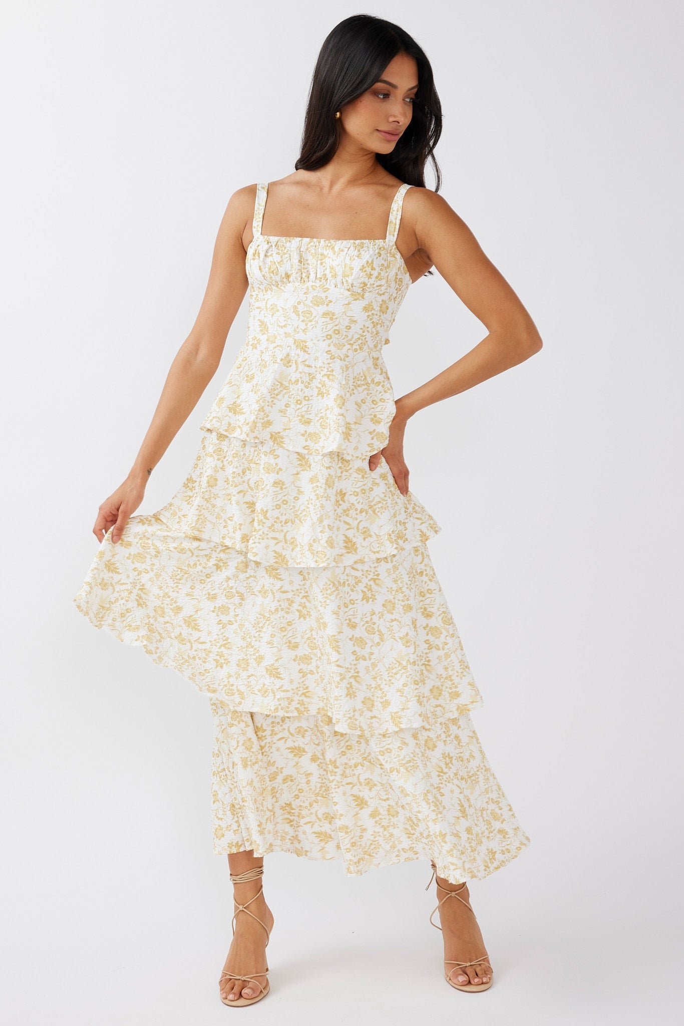 Provence Bloom Tiered Midi Dress Floral Yellow