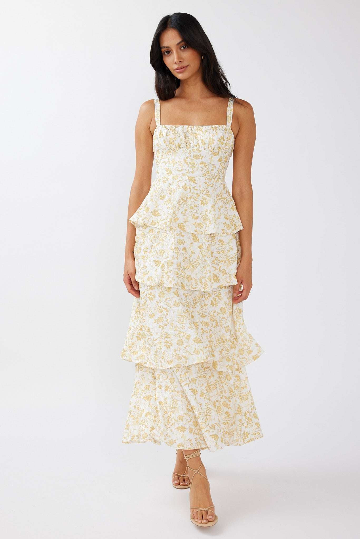 Provence Bloom Tiered Midi Dress Floral Yellow