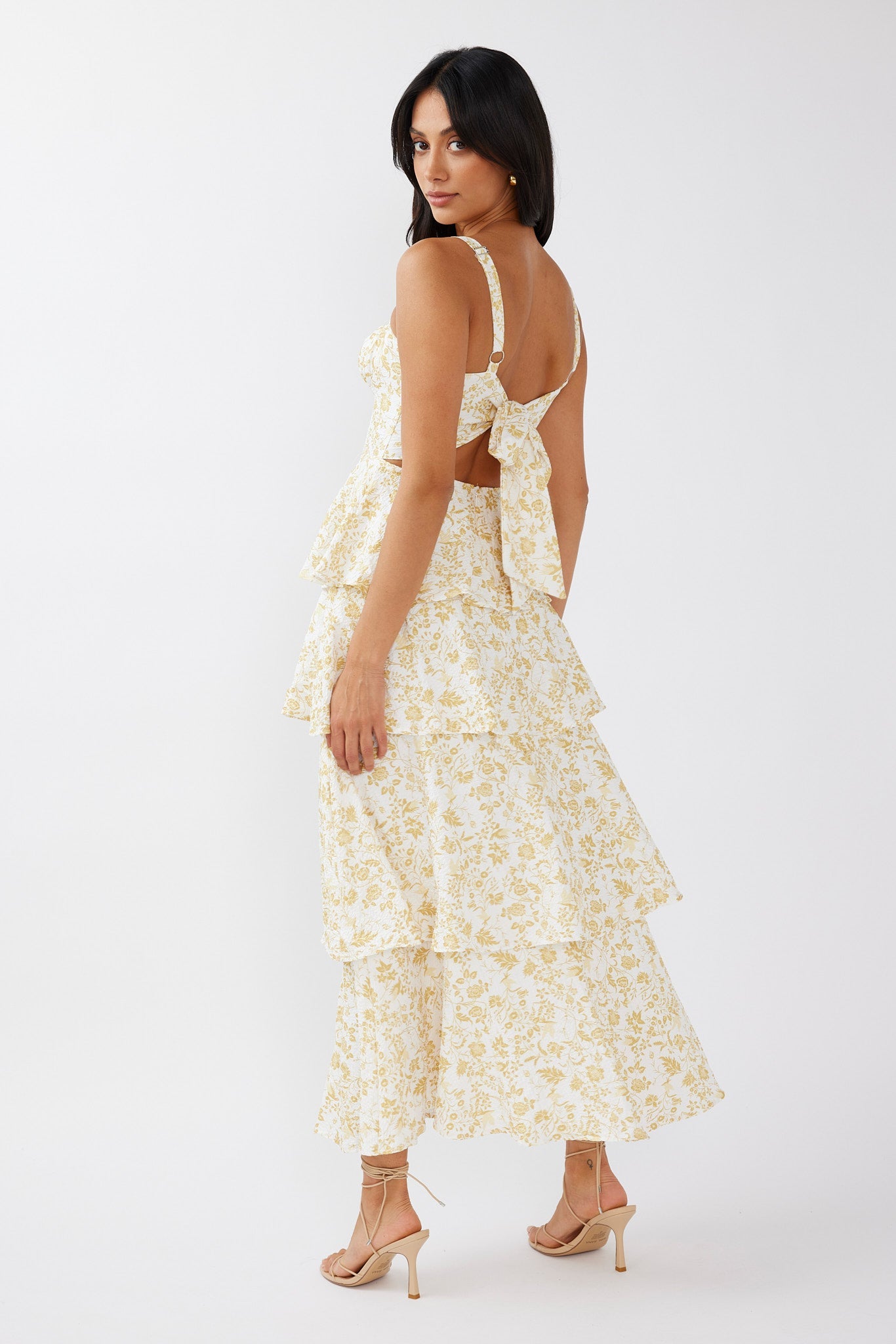 Provence Bloom Tiered Midi Dress Floral Yellow