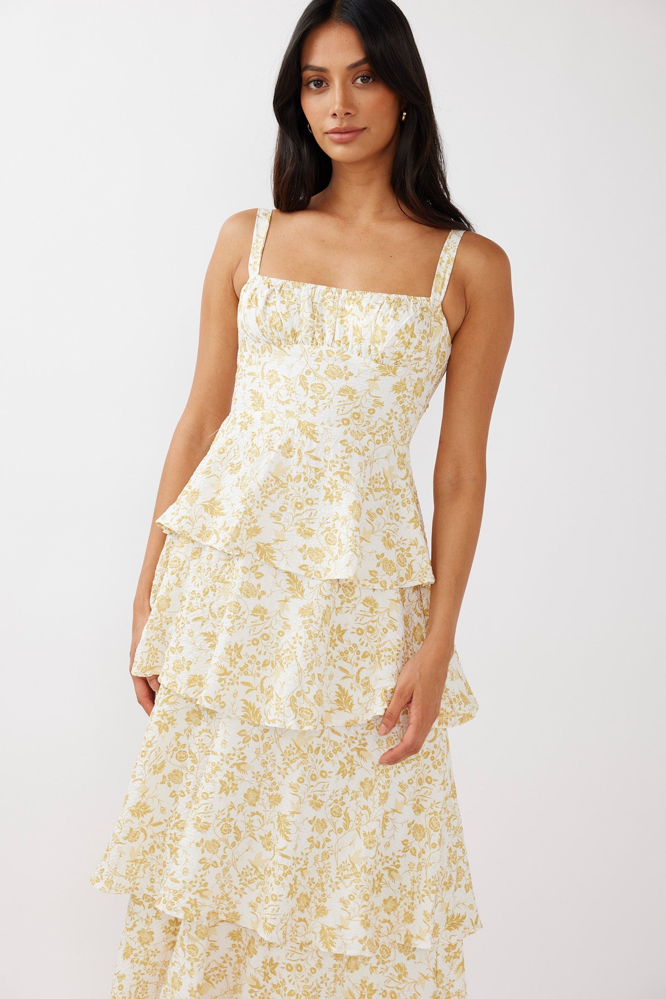 Provence Bloom Tiered Midi Dress Floral Yellow