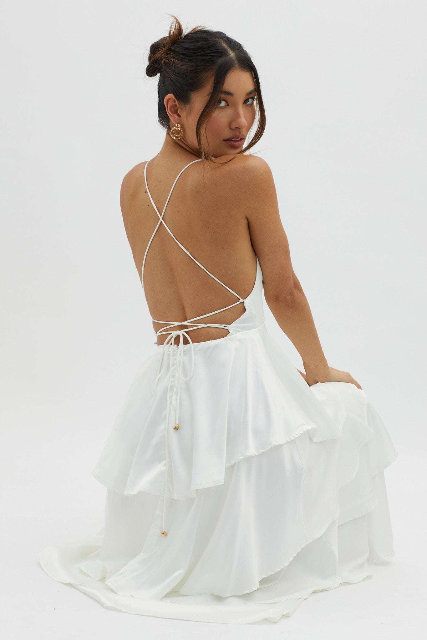 Auguste Tiered Frill Strappy Back Dress Ivory