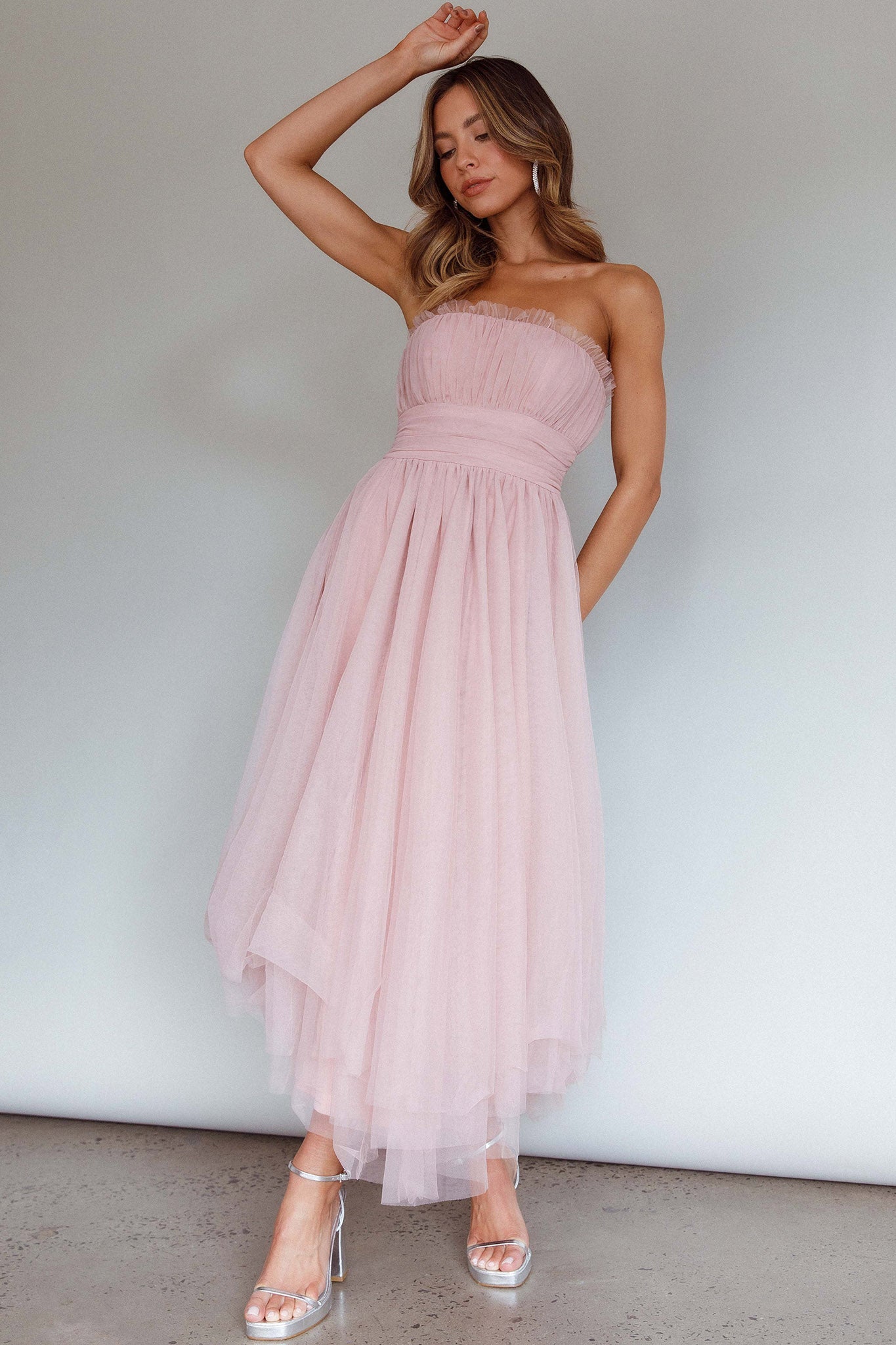 Fayette Strapless Mesh Midi Dress Blush