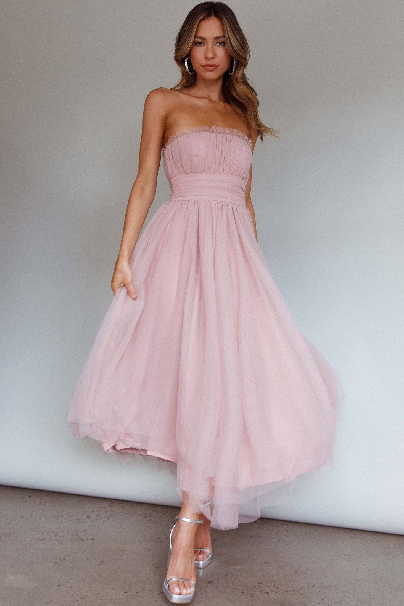 Fayette Strapless Mesh Midi Dress Blush