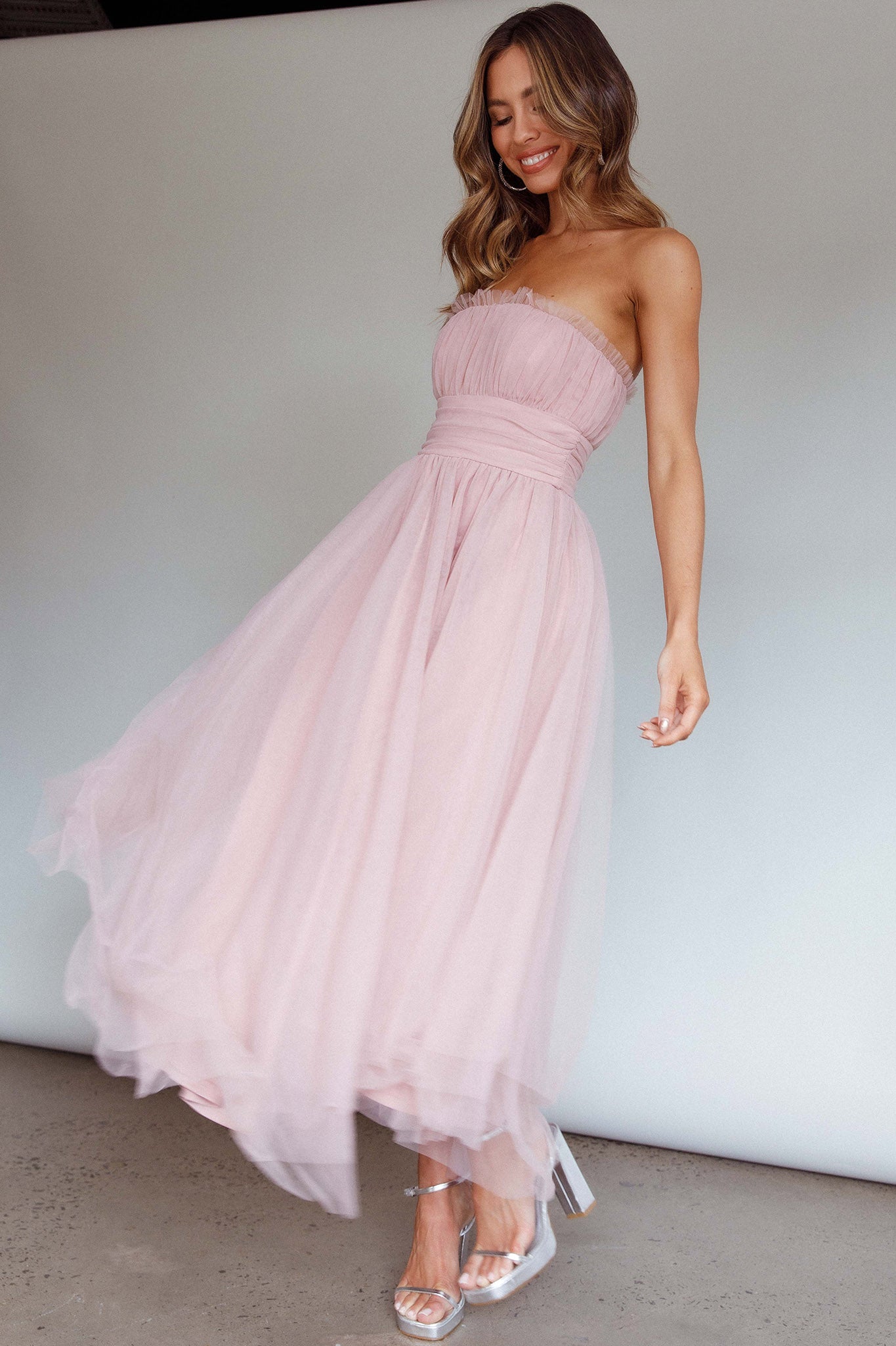 Fayette Strapless Mesh Midi Dress Blush