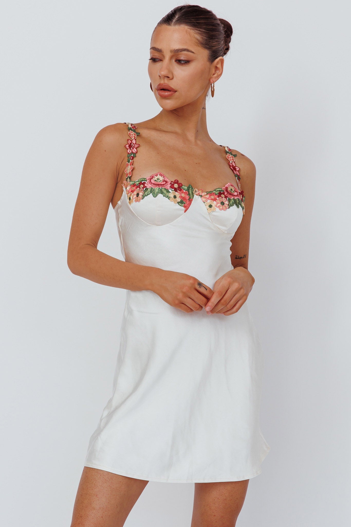 Rose Garden Floral Applique Mini Dress Oyster