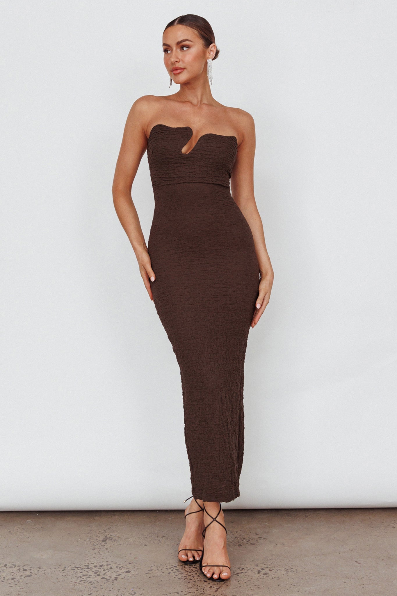 Horizon Strapless Textured Midi Dress Chocolate