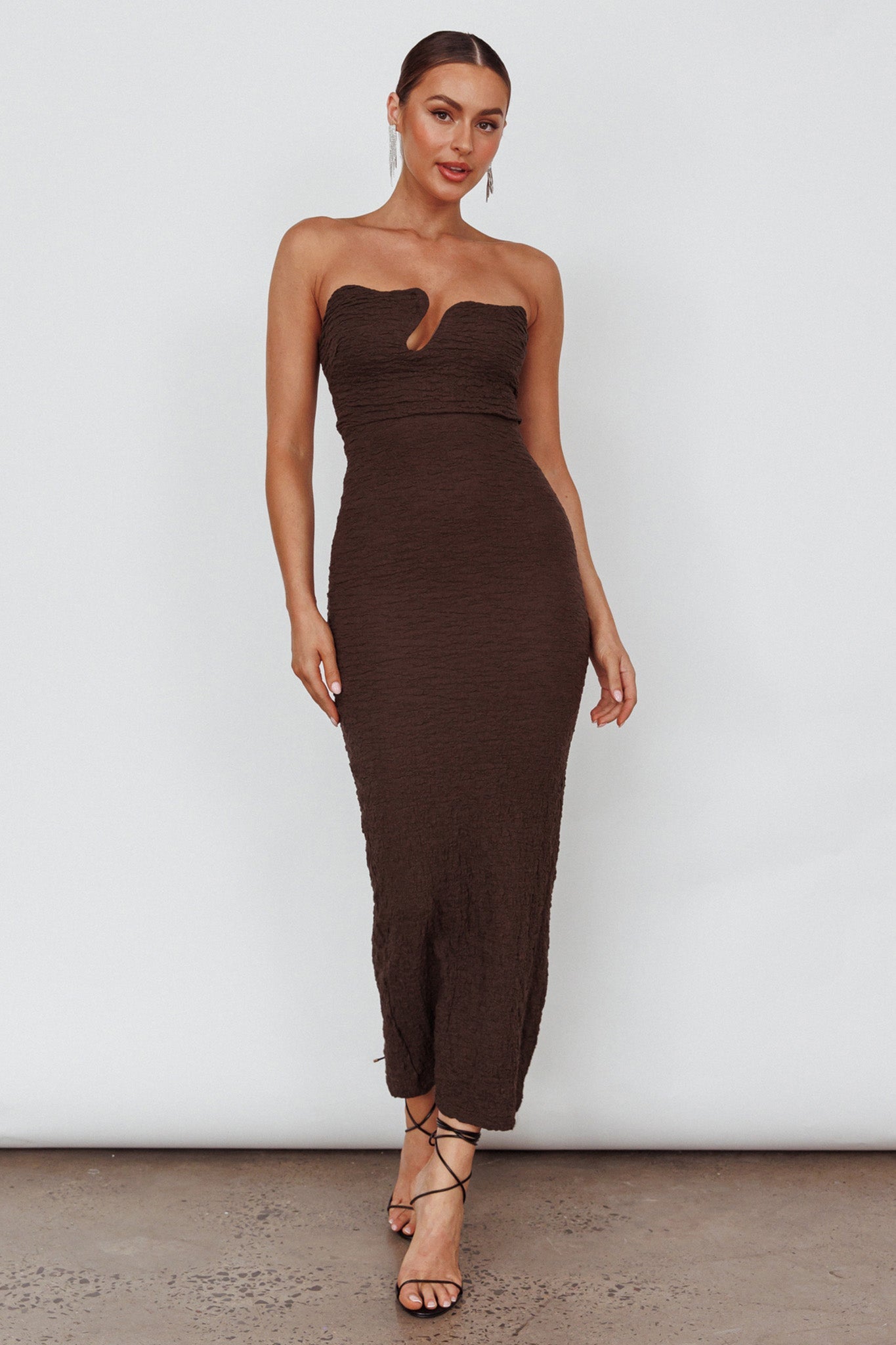 Horizon Strapless Textured Midi Dress Chocolate