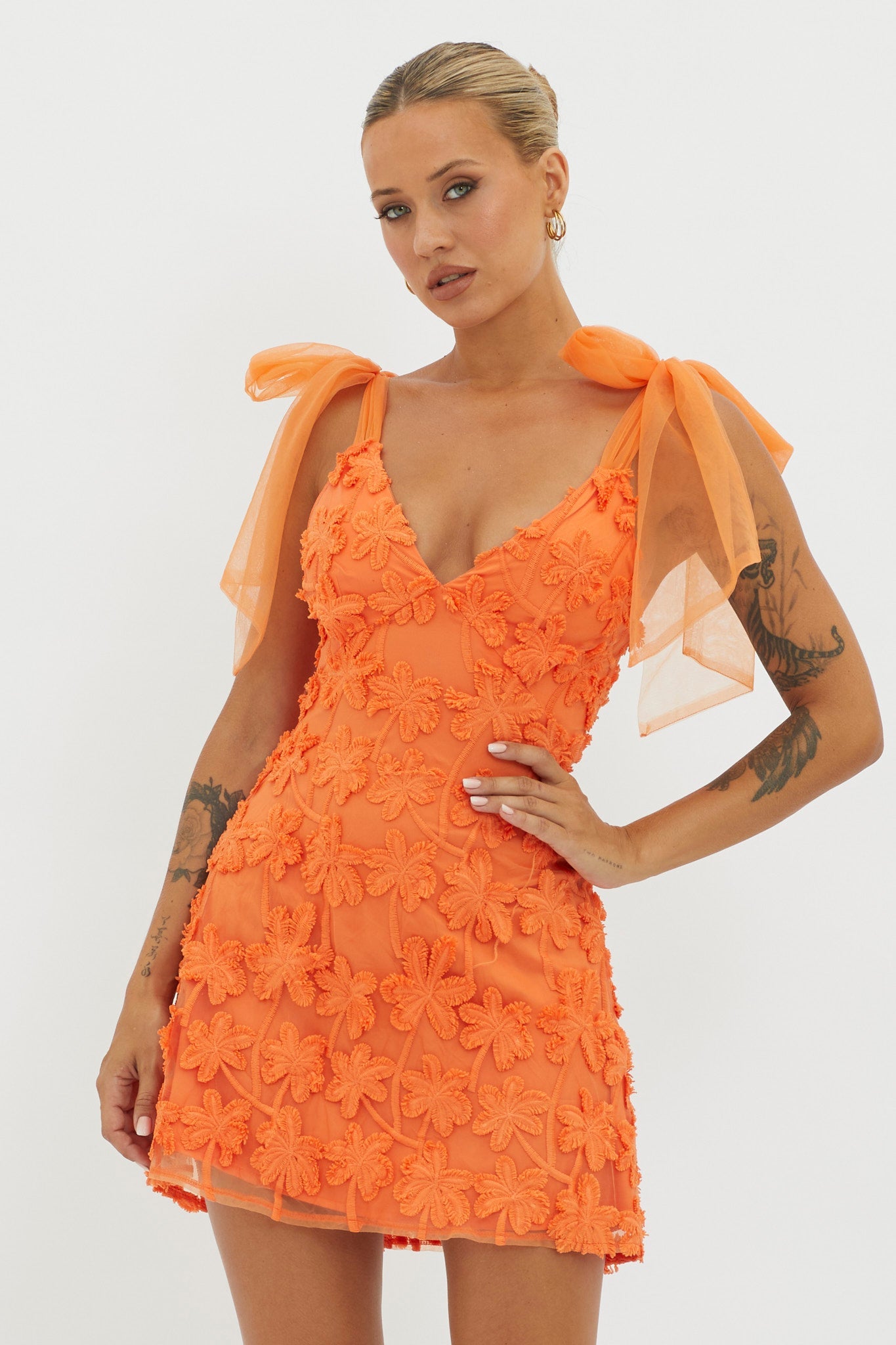 Mykonos Morning Tied Shoulder Embellished Mini Dress Orange