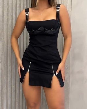 Black Cool Zipper Design Mini Dress