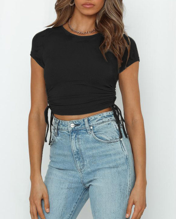 Midriff-Baring Drawstring Crew Neck T-Shirt Top